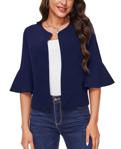 MINTLIMIT Navy Blue Blazer Jacket for Women Flared 3/4 Sleeve Suit Jacket Collarless Casual Cropped Blazer Suit Cardigan,S4