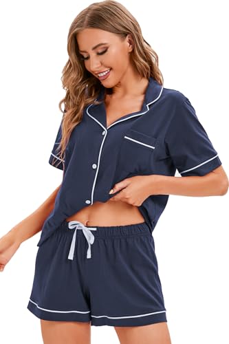 Image of LUBOT 100% Cotton Pajamas for Women 2 Piece PJ Set Button-Down Soft Knit Short Sleeve Summer Sleepwear Loungewear XS-XXL
