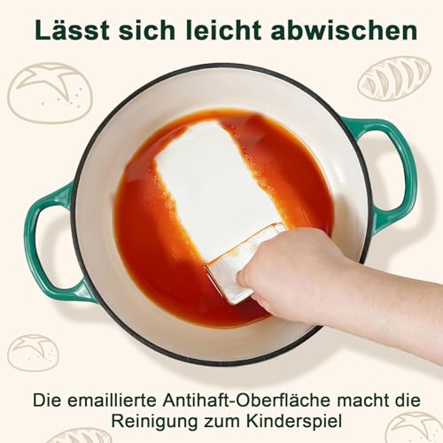 AHJ Gusseisen Topf Brot Backen, 5,7L Brotbacktopf mit Gärkorb & Silikonmatte,Emaille Dutch Oven 26cm für Sauerteig Brot, Bräter Schmortopf für Backen Schmoren & Braten,Geschenk für Brotbäcker (Grün) 5