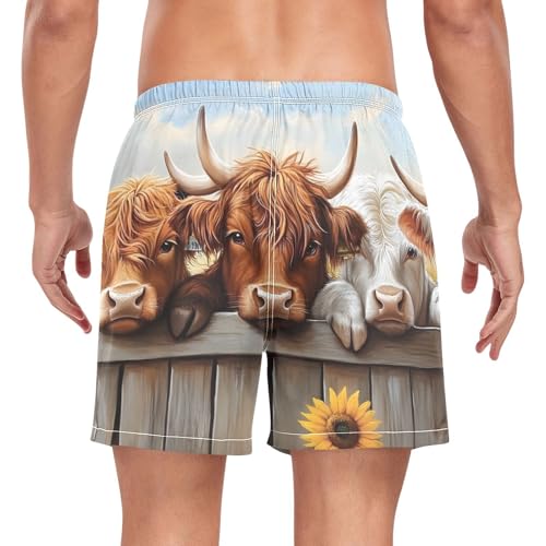 Cows Fence Cute Sunflower Mens Swim Trunks with Liner, Cool Quick Dry Beach Swim Shorts, Swimwear Bathing Suits S2