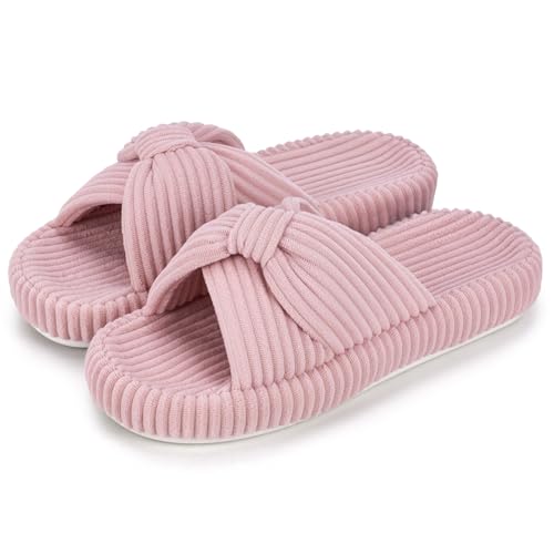 Image of BUNYISCN Slippers for Women Memory Foam Women's Orthopedic Arch Support Open Toe House Bedroom Corduroy Bow Crossbands Slide House Slippers