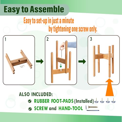 Outdoor Plant Stand with Tray: Ideal for Patio, Lawn and Garden - Weatherproof Bamboo Wood - Adjustable Size Fits 8 9 10 11 12 Inches Pots - Indoor/Outdoor Use