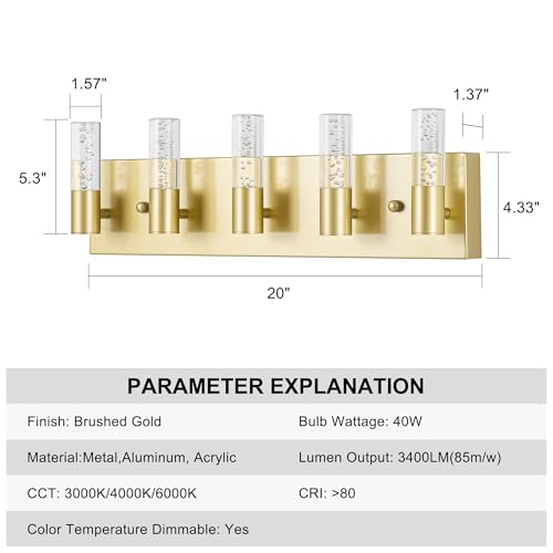 Image of Bathroom Vanity Light Fixtures Over Mirror, Brushed Golden Finish Coating, 5 Light Wall Sconces for Bathroom
