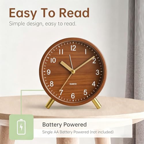 Analog Alarm Clock, Silent Non-Ticking with Night Light, Retro Fashionable Round Metal Alarm Clock for Office, Battery Operated, Bedroom, Elderly, Adults, Men Gifts Back to School,Wood-like Color - Image 3