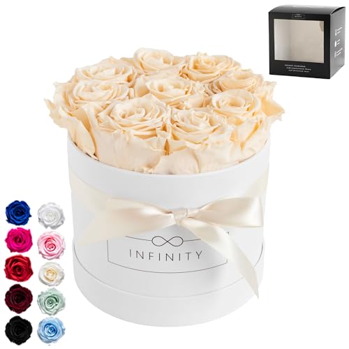 Infinity Flowerbox Mediana – 9 Rosas conservadas – Champán – Dura años sin Agua