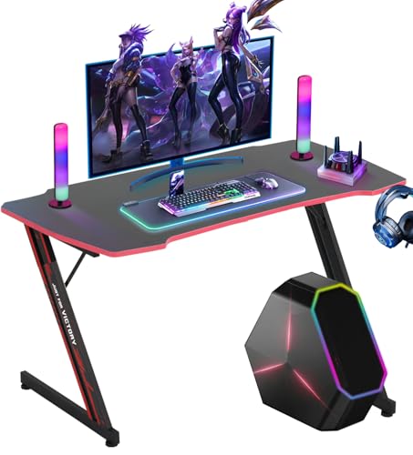 XXkseh 39 Inch Z-Shaped Computer Desk with Headset Hook - Ergonomic Small Gaming Table, MDF Desktop and Metal Frame, Red