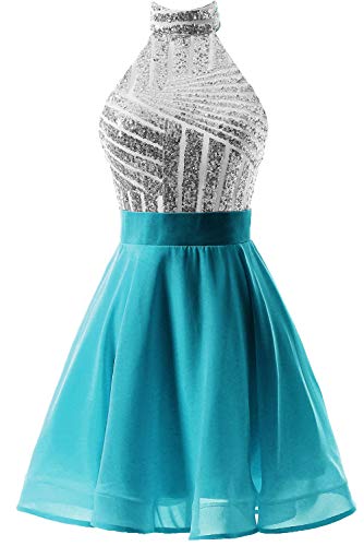 DYS Women's Short Halter Prom Party Dress Backless Homecoming Dress for Juniors Silver-Turquoise US 2