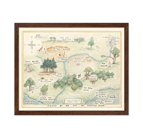 Image of Poster Master Vintage Illustration Poster - Retro Landscape Print - Gift for Baby, Kid - 100 Acre Wood Map, Bear, Pig, Animal, Famous Cartoon - Wall Decor for Bedroom Nursery, 8x10 Brown Framed