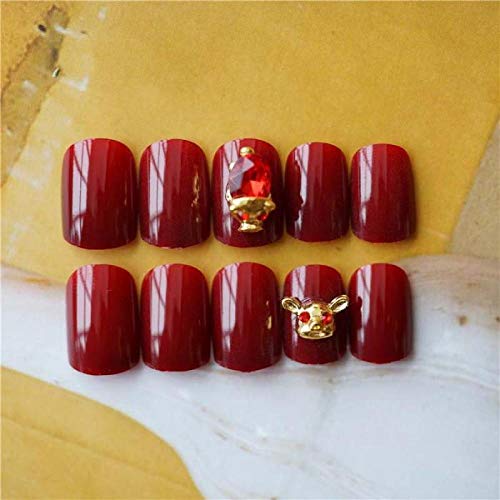 TJJF Falsche Nägel 24Pcs Chinese Red Diamond Lucky Pig Form Dekor tragbare falsche Nägel Braut charmante kurze runde 3D… – Bild 4