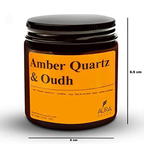 Image of AuraDecor Scented Jar Candle | Handpoured Soy Wax Candle with Long Lasting Burn Time | Premium Amber Jar Aromatherapy Candle | Ideal Gift for Home & Decor (Large, Amber Quartz & Oudh)