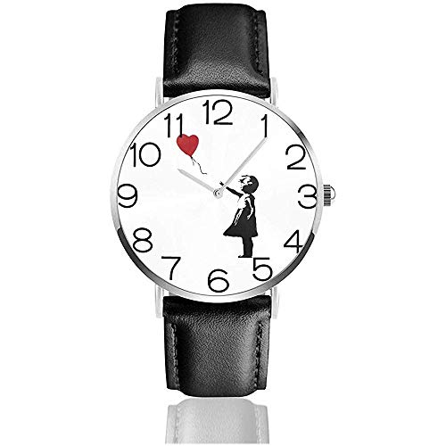 Uhr Armbanduhr Banksy Heart Classic Casual Quarz Uhr aus schwarzem Lederarmband