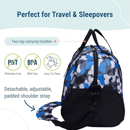 Image of Wildkin Kids Overnighter Duffel Bag - Carry-On Travel Bag for School & Sleepovers, Lightweight, Durable, Boys & Girls Ages 4-15 - Blue Camo
