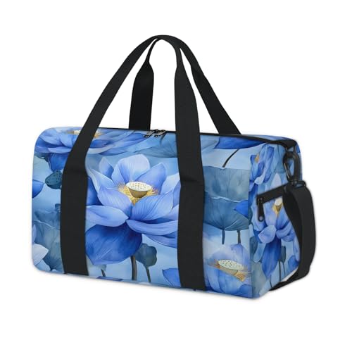Lotus Travel Duffle Bag Sports Yoga Weekender Overnight Workout Bags Blue Floral Lightweight Waterproof Gym Tote Bag for Women