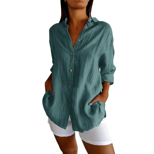 3/4 Sleeve Button Down Shirts for Women Dressy Casual V Neck Solid Shirts Loose Fit Spring Tops for Women