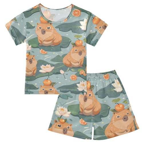 ALAZA Cute Capybara Water Lily Pajamas Short Sleeve 2 Piece Sleepwear Top and Bottom Pajama Set Unisex