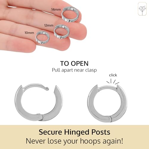 14K Solid White Gold Huggie Earrings for Women | Hypoallergenic Domed or Flat Style Small Hoop Earrings in Sizes 10mm, 12mm & 14mm | Small Gold Hoops for Men & Women by MAX + STONE4