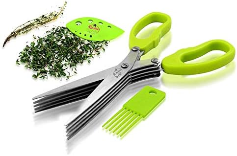 Stainless Steel Kitchen Herb Scissors - Multipurpose Professional 5 Blade Kitchen Shears With Herb Stripping Tool & Cleaning Brush | Perfect For Fresh Wet & Dry Herbs | Dishwasher Safe |