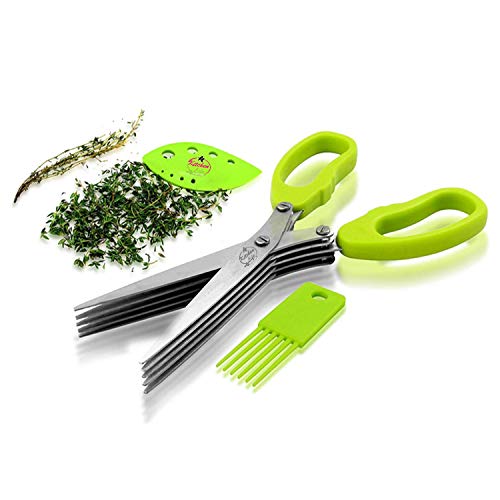 Stainless Steel Kitchen Herb Scissors - Multipurpose Professional 5 Blade Kitchen Shears With Herb Stripping Tool & Cleaning Brush | Perfect For Fresh Wet & Dry Herbs | Dishwasher Safe |