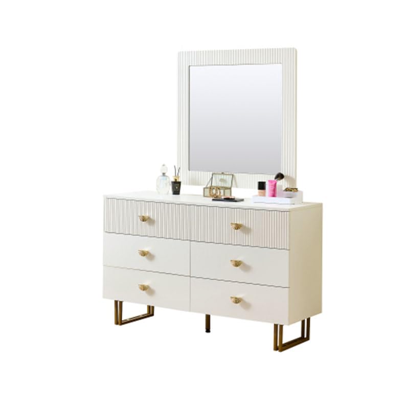 Un Conjunto de aparador y Espejo Moderno Blanco, una Elegante combinación Que Incluye una cómoda de Seis cajones con Detalles Dorados y un Espejo de Pared Cuadrado (80 x 80 cm)