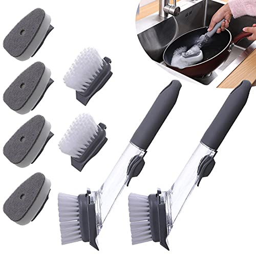 behone 8 pièces Brosse avec Réservoir Liquide Vaisselle, Brosse à recurer(Avec brosse éponge remplaçable et brosse dure) pour le lavage de la vaisselle, nettoyage facile de la brosse de cuisine Cover