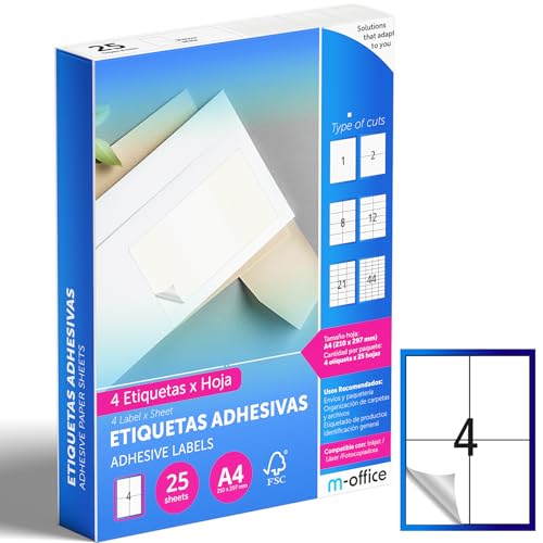 M-office Klebeetiketten zum Beschriften – Selbstklebende Etiketten zum Bedrucken, spülmaschinenfest, ideal für Haushalt und Gewerbe (4 Etiketten pro Blatt, 25...