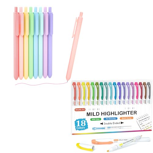 Shuttle Art Retractable Pastel Gel Ink Pens Bundle, 8 Pastel Ink Cute Pens 0.7mm + 18 Dual Tip Pastel Highlighters for Writing Drawing Journaling Note Taking School Office Home