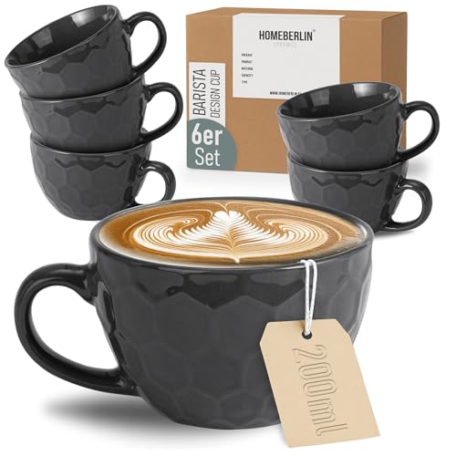 HOMEBERLIN Barista Juego de 6 tazas de café de capuchino de 200 ml, juego de tazas de café de alta calidad, 6 tazas de café modernas 100% hechas a mano, de pared gruesa