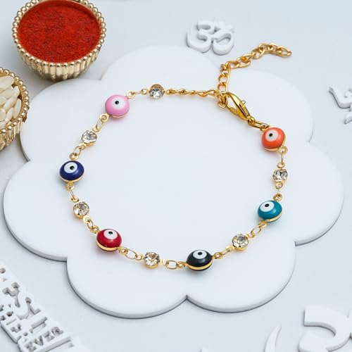 Image of eCraftIndia Evil Eye Bracelet Rakhi with Best Bro Ever Fridge Magnet | Rakhi for Brother Bhaiya Bhai | Roli Chawal Pack