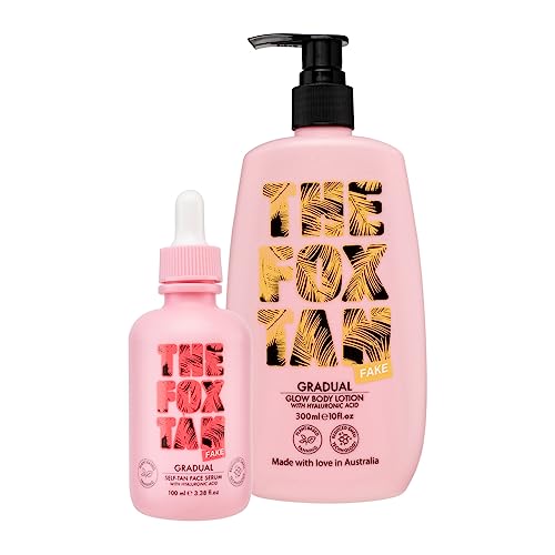 The Fox Tan Sunkissed Duo Bundle | Gradual Glow Body Lotion 300ml + Gradual Self-Tan Face Serum 100ml | Natural Tanning Lotion & Accelerator | Dark, Flawless, Tan Skin | Streak-Free Tanning | Tanning Lotions & Oils For Melanin Production | Australian Made | Vegan | Cruelty Free