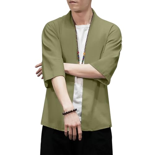 Image of PRIJOUHE Men's Kimono Jackets Cardigan Lightweight Casual Cotton Blends Linen Seven Sleeves Open Front Coat Outwear