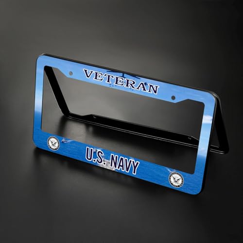 Image of 2PCS License Plate Frames for Veteran U.S.Navy,Car License Plate Bracket Holder, Premium Aluminum Alloy Weather Proof License Plate Covers with Screw Caps Cover Set Car Accessories