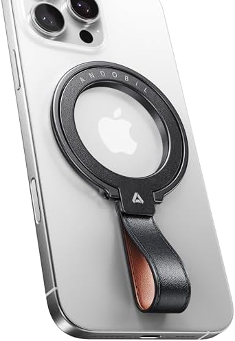 andobil [2026 Premium Leather] Magnetic Phone Grip for MagSafe [Longest Durable] Adjustable Phone Ring Kickstand with Leather Loop Compatible with MagSafe Accessories&iPhone 17/Air/16/15 Pro Max Black