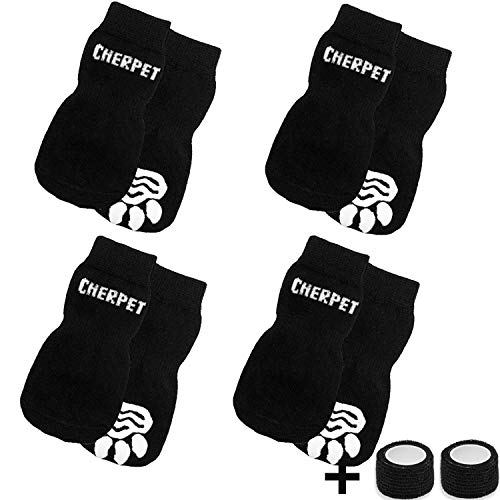 CHERPET Anti-Slip Dog Socks - Non Slip Grip Socks with Self-Adhesive Tape Walking On Hardwood Floors Indoor, Soft Breathable Black Cute Dog Paw Protectors Traction Control Small Medium Large Dogs