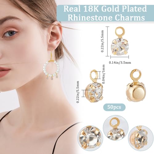 Beebeecraft 1 Box 50Pcs Crystal Charms 18K Gold Plated Round Rhinestone Charms with 1mm Hole for DIY Jewelry Making (5.5x3.5mm) - Image 2