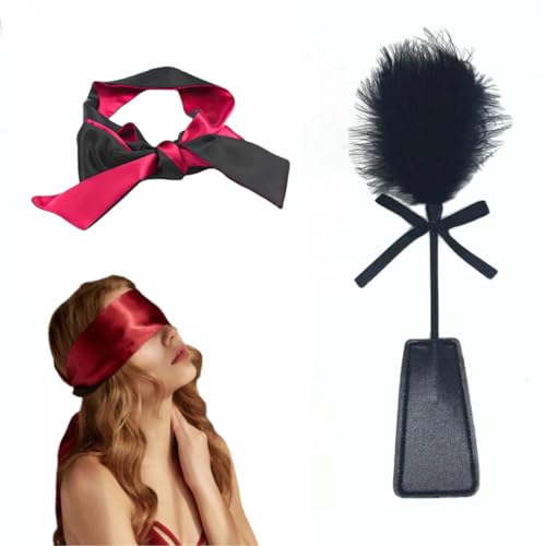 KFLY Feather Tickler Eye Cover Blindfold 2 PCS Soft Fur Brush Tickler Duster Stick Whip Silk Satin Blindfolds Sleep Eye Mask Night Blackout for Adult Sleeping Games