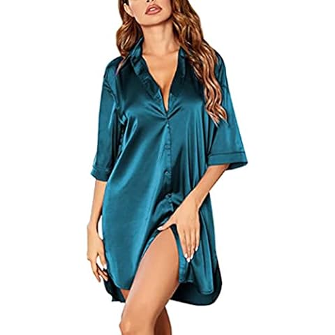 ORANDESIGNE Camisón Sexy Satén para Mujer Camisón Corto Verano Camisones Satén de Manga 3/4 Color Sólido Ropa de Dormir Novia Verano A Verde Oscuro M Cover