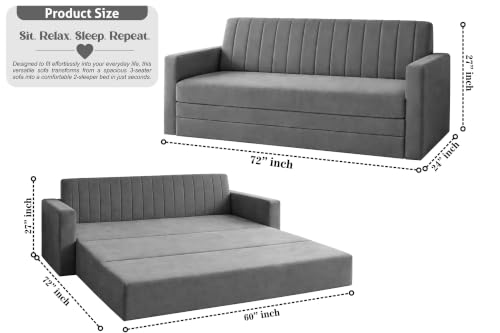 Image of 3-Seater Velvet Sofa Cum Bed with Armrests | Modern Convertible Sleeper Couch | Stylish Sofa Bed for Living Room, Bedroom & Office | Grey