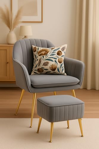 Image of Velvet Accent Chair with Matching Pouffe & Floral Cushion | Modern Upholstered Armchair with Gold Metal Legs | Lounge Chair for Living Room, Bedroom, Office, Guest Room (Light Grey)