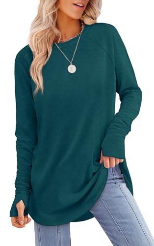 Image of XIEERDUO Womens Tunic Tops to Wear with Leggings Long Sleeve Thumb Hole Shirts Crew Neck Curved Hem