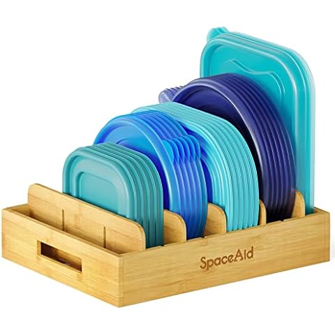SpaceAid Bamboo Lid Organizer, Kitchen Pantry Lid Holder with 5 Adjustable Dividers for Cabinets, Food Storage Container Organizer for Plastic Lids, Includes Blank Writable Labels Cover