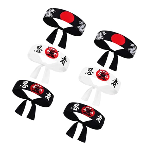 DECORNIJIA 6 piezas Diadema Japonesa Ninja Suave y Transpirable Diseño Oriental Tradicional para Karate Disfraces y Fiestas de Sushi de Negro Blanco Negro con Dragón