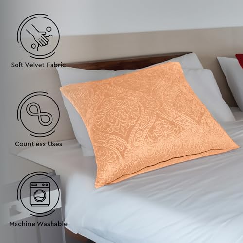 Image of Encasa XO Velvet Cushion Covers, No Inserts, Set of 2, Peach | 16 inchx16 inch | Machine Washable | Soft & Durable | Hidden Zipper, Sofa Decor