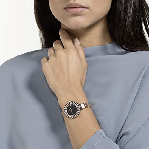 Swarovski Crystal Rose Uhr, Damenuhr mit Rosé Vergoldetem Gehäuse und Metallarmband, Schwarzem Zifferblatt und Schwarzem und Weißem Kristallpavé