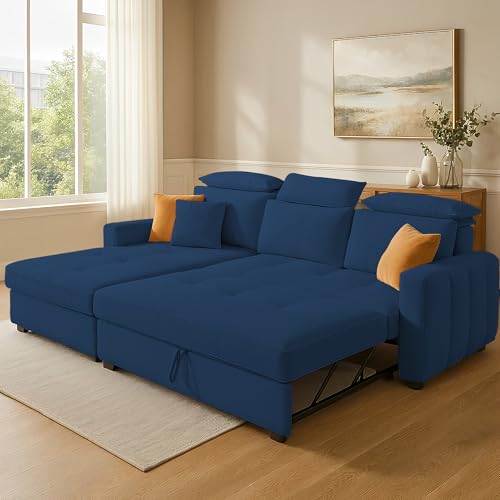 Image of Casaliving Gagnon LHS 4 Seater L Shape Corner Sofa Cum Bed for Living Room (Blue Fabric) Premium Fabric Sofa