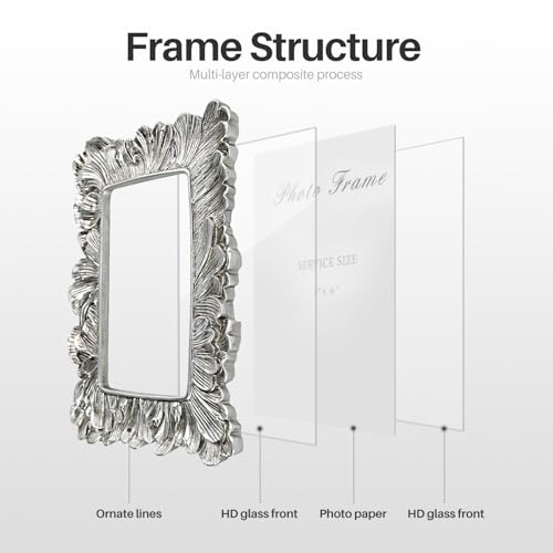 4x6 Silver Picture Frame, Vintage Silver Palm Leaves Textured Hand-Crafted Resin Frames with Glass Front, Elegant Retro Rustic Design Photo Frame for Wall and Tabletop Display Home Decor