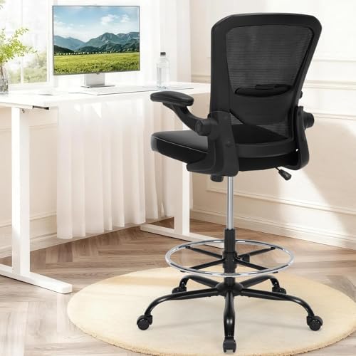 Image of Drafting Chair Tall Office Chair with PU Leather Seat, 400lbs Ergonomic Standing Desk Chair with Lumbar Support,Counter Stool with Adjustable Footrest Ring & Flip-up Armrests,Black
