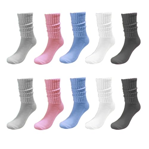 Image of 5 Pairs Crew Socks For Women Cotton Cushioned Athletic Socks Slouch Socks Mid Calf Rib Tube Socks Size 6-11