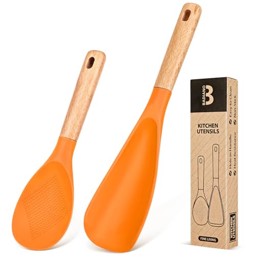 Image of Cooking Spoon and Rice Scooper for Nonstick Cookwares, Great for Cooking and Serving Durable BPA-Free Matte Silicone, Wood Handle Spoon for Mixing, Scoop, and Scrape (ORANGE)