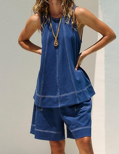 Image of Women 2 Piece Outfits Flowy Sleeveless Tunic Tops Loose Shorts with Pockets Tracksuit Summer Lounge Matching Set 2025