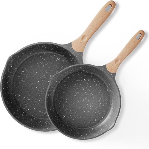 Image of Non-Stick Frying Pan with Wooden Finish Soft Touch Handle, 2.5mm Thickness, Consumes Less Oil, Even Heat Distribution, Induction Bottom and Gas Ready (Black, 20cm+24cm)